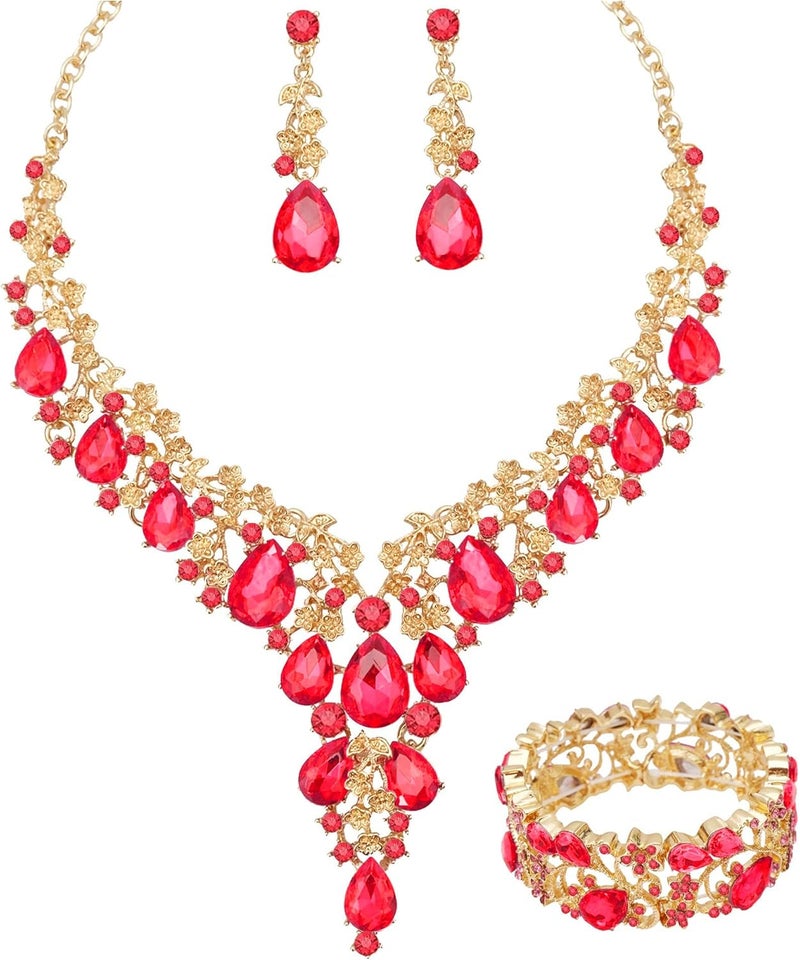 CSY Elegant Crystal Costume Jewelry Sets Flower Bridal Necklace Earrings Stretch Bangle Set for Bride Bridesmaid Wedding Dress Accessories - Image 1
